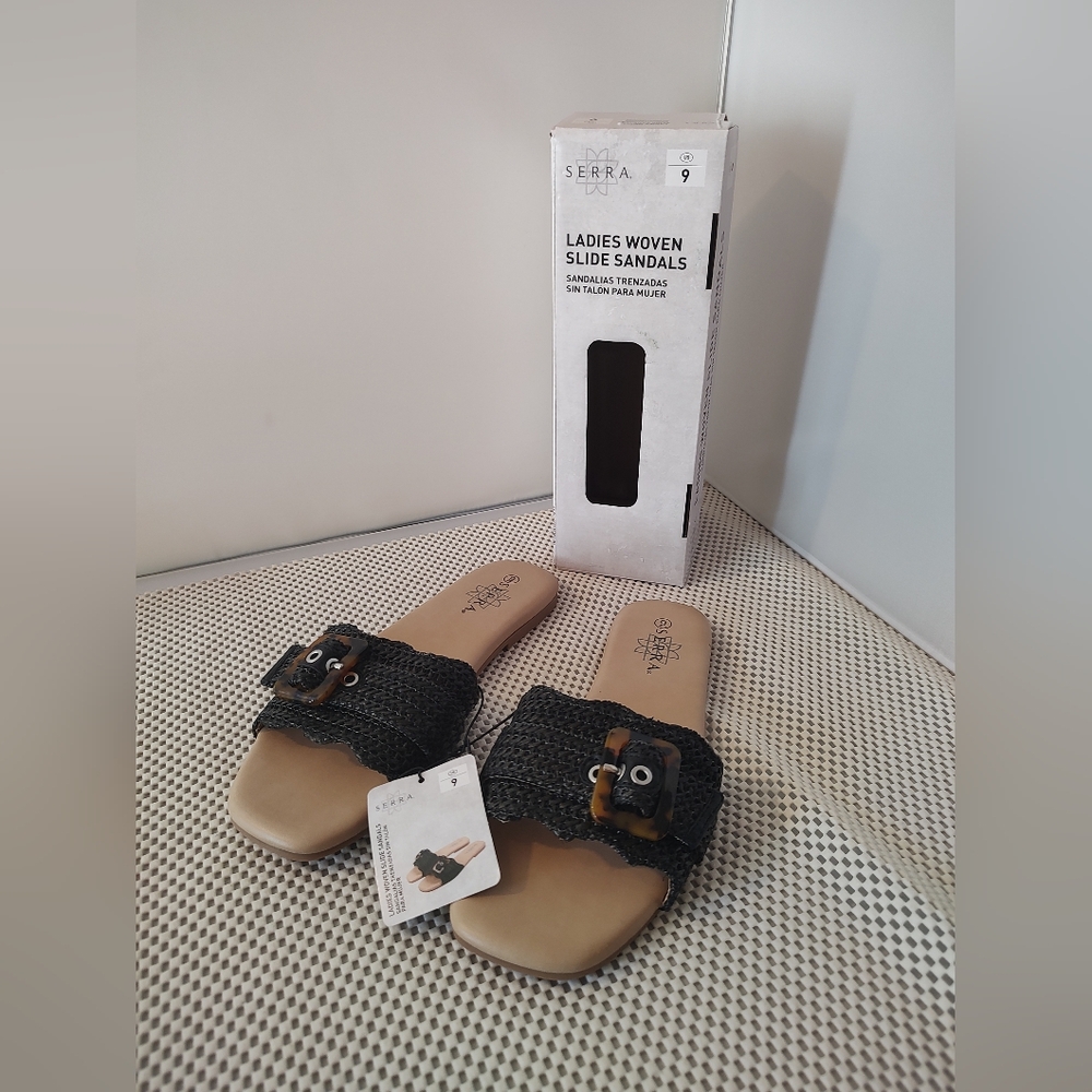 Serra Women's Size 9 Slide Sandals Black/Tan Brown/Silver Adjustable Buckle NWT